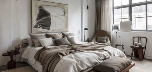 Scandinavian loft bedroom featuring a statement art piece above the bed, and simple yet stylish furnishings.