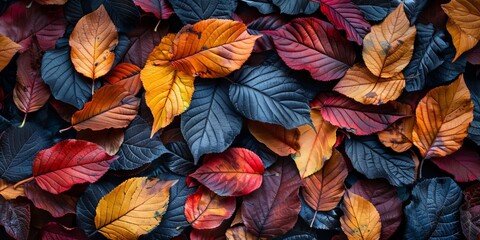full frame background consisting of pile of multicolored autumn leaves placed one on another