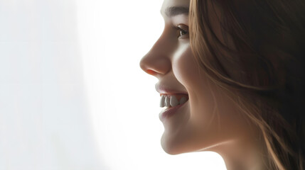 Fototapeta premium Close-up of smiling woman teeth side shot isolated on white background. Dental advertising