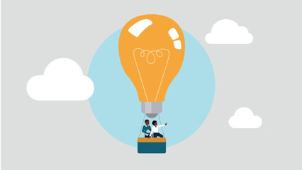 Adobe Illustrator ArtworkVektor-Illustration eines Heissluftballons in Form einer Gl&uuml;hbirne. Dieser steht f&uuml;r eine hervorragende Idee, daher blicken die Menschen an Bord erwartungsvoll nach vorne