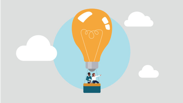 Adobe Illustrator ArtworkVektor-Illustration eines Heissluftballons in Form einer Gl&uuml;hbirne. Dieser steht f&uuml;r eine hervorragende Idee, daher blicken die Menschen an Bord erwartungsvoll nach vorne