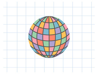 Obraz premium Classic y2k, 90s and 2000s aesthetic. Flat style retro Disco Ball, vintage element. Hand-drawn vector illustration on background of checkered notebook sheet.. Patch, sticker, badge, emblem.