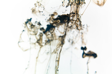 Black ink swirls forming delicate patterns as they diffuse elegantly through clear water,...