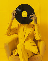 A conceptual photography of a person dressed in a yellow suit sitting on a yellow chair against a yellow background