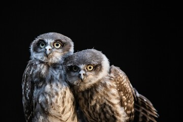 Closeup shot of two owls isolated on a black background
