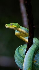 Vertical shot of a green snake curled on a tree branch