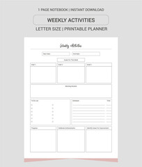 Weekly Activities Planner Notes | Weekly Activities Planner Notebook |Weekly Activities Planner Workbook | Weekly Activities Planner Log Book | Notebook Printable Planner | Letter Size