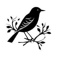 Vector illustration of a black bird perched atop a tree branch, against a white background