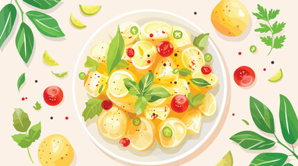 Composition with tasty potato salad on light background