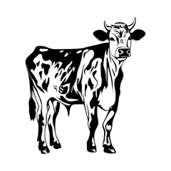 Vector of the black and white cow with horns, in a silhouette against a white background