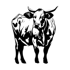 Vector of the black and white cow with horns, in a silhouette against a white background