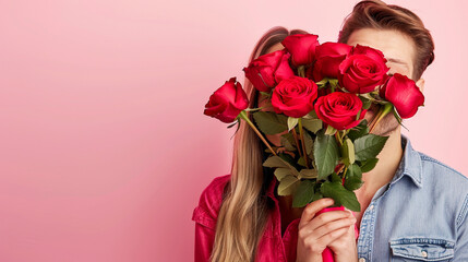 partial view of man with bouquet of red roses closing woman eyes to make surprise in bedroom