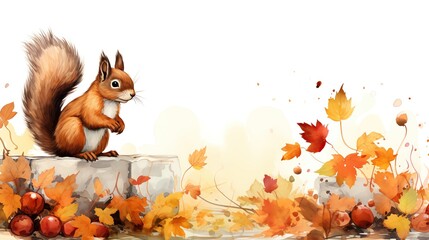 Fototapeta premium Cute squirrel on a tree branch with autumn leaves.