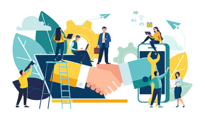 Online conclusion of the transaction. The opening of a new startup. Business handshake, via phone and laptop. Vector illustration in a flat style investor holds money in ideas online vector