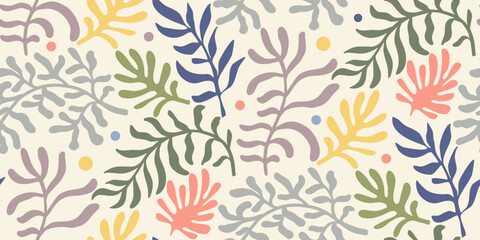Vector summer seamless pattern with natural elements, flowers, leaves in modern trendy style.