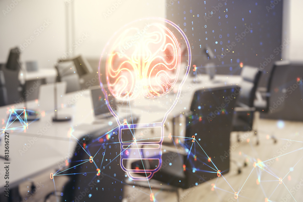 Poster double exposure of abstract virtual creative light bulb hologram with human brain on modern corporat