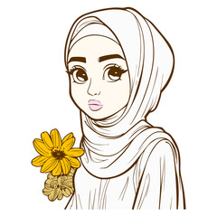 Hijab Cute Girl Illustration Handdrawn Outline