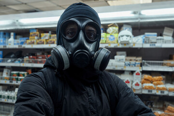 Person wearing gas mask standing in front of a grocery store shelf. Generative AI image.