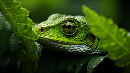 Obraz premium Green lizard with a green eye resting on a leaf