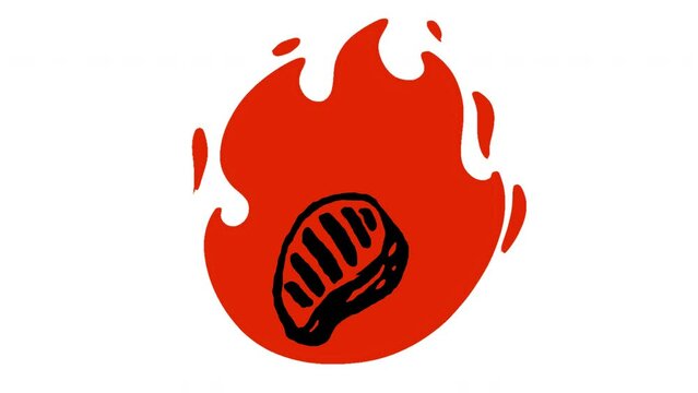 Burning bbq meat steak with fire flames in cartoon doodle style. Simple 2d animation isolated on white background.