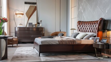 A bedroom with a sophisticated, leather-upholstered bed, a sleek dresser, and a contemporary table lamp