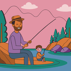 Happy father's day illustration father fishing with his son at sunset timing scene