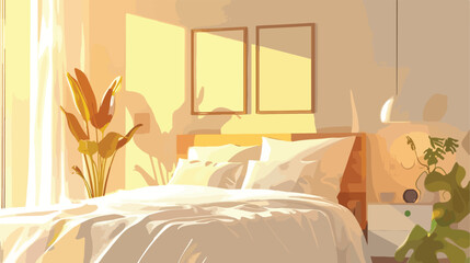 Cozy bed with white blanket and pillows in bedroom Vector