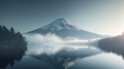 Fototapeta premium Mirror reflection of Mount Fuji at sunrise at Yamanaka lake, famous tourist attraction in Japan, Fujiyama at dawn reflected in a lake