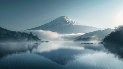 Fototapeta premium Mirror reflection of Mount Fuji at sunrise at Yamanaka lake, famous tourist attraction in Japan, Fujiyama at dawn reflected in a lake