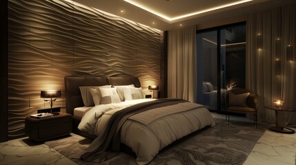 A bedroom with a sophisticated monochromatic theme, textured walls, and designer lighting
