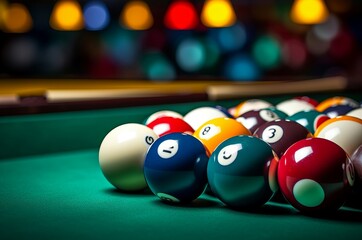 Smooth Many colorful billiard balls and cue. Sport activity play leisure hobby. Generate Ai