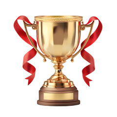 3d vector icon of gold trophy with red ribbon, cartoon style, simple design, cute cartoon illustration icon clip art, transparent background
