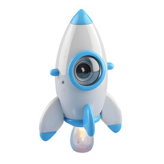 A cute rocket icon in a simple and minimalist design,  a transparent blue gradient background color, cute cartoon 3d illustration icon clip art
