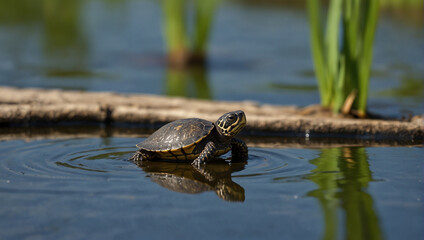 A small turtle is sitting on a piece of wood in a pond.
