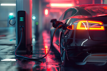 eco-friendly electric car charging at night with colorful nice lights, generative AI
