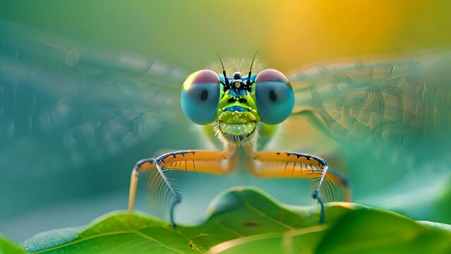 Video of a dragonfly on a leaf Natural background and close-up video of a dragonfly with big eyes.