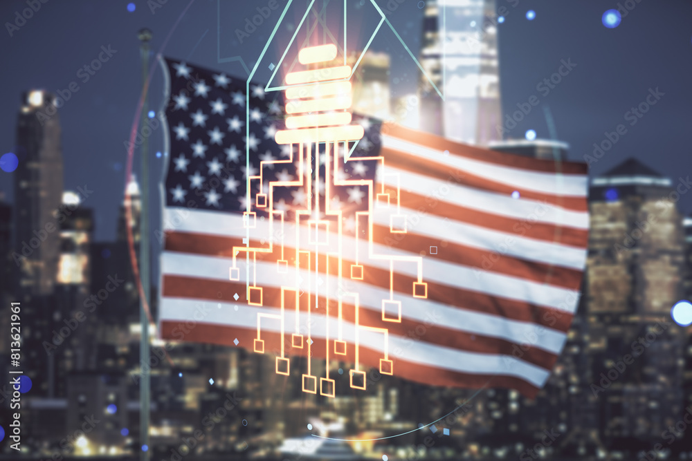 Poster double exposure of virtual creative light bulb hologram with chip on usa flag and blurry skyscrapers