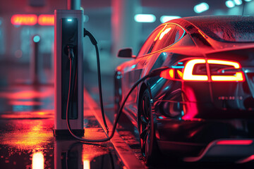 eco-friendly electric car charging at night with colorful nice lights, generative AI
