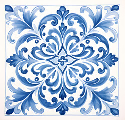 Rustic blue tile watercolor seamless pattern. Pattern of azulejos tiles