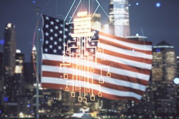 Double exposure of virtual creative light bulb hologram with chip on USA flag and blurry...