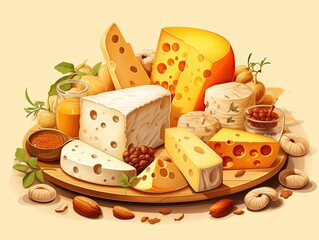 Cheese assortment flat design front view dairy delights theme cartoon drawing Monochromatic Color Scheme