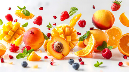 Refreshing fruit splash: fresh fruits submerged in water on white background