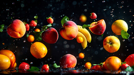 Summertime refreshment: fruits in cool water against black background
