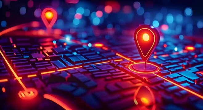 Digital hand set location on map with two pins. AI technology in GPs, innovation delivery, map location, future transport logistic, route path concept. GPs point. New office location