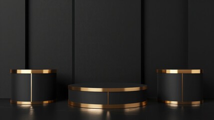 3D empty gold black podium background with a pedestal stage, luxury podium for product presentation, Black and gold luxury podium for product presentation

