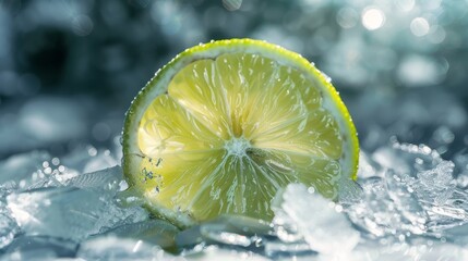 close-up of a vibrant green lemon slice resting on crushed ice, highlighted by shimmering bokeh light effects in a cool, refreshing setting.