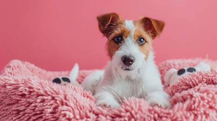 A cute Jack Russell Terrier puppy is lying on a pink fluffy blanket