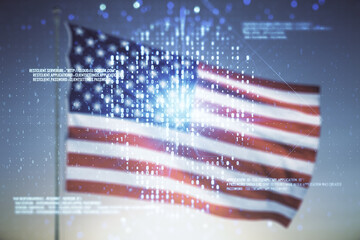 Abstract virtual code skull illustration on US flag and blue sky background. Hacking and phishing...