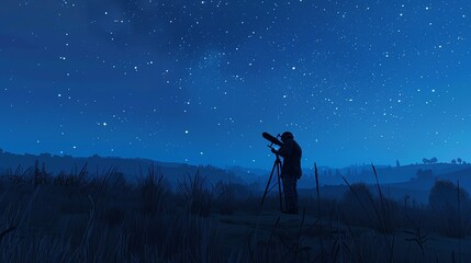 Fototapeta premium The image is a beautiful landscape of a man looking at the stars through a telescope. The night sky is clear and full of stars.