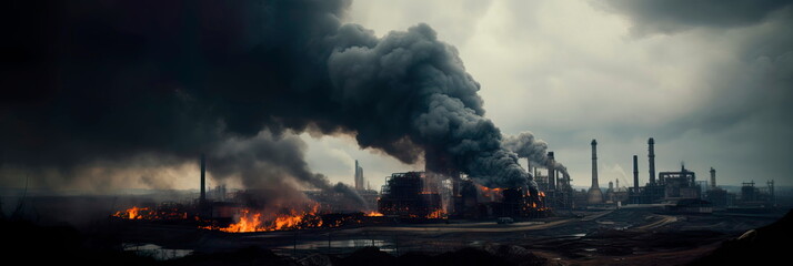 industrial factory spewing thick, black smoke into the atmosphere, contributing to air pollution. Generative AI